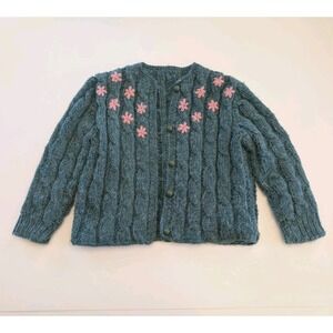 Vintage Girls Hand Knit Crochet Sweater Cardigan Green Pink Flowers Handmade 2T?